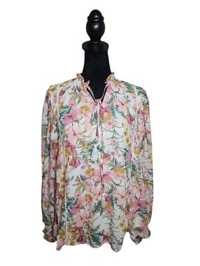 Aura Floral Pink and Green V Neck Puff Sleeve  Tassle Tie Blouse Size M